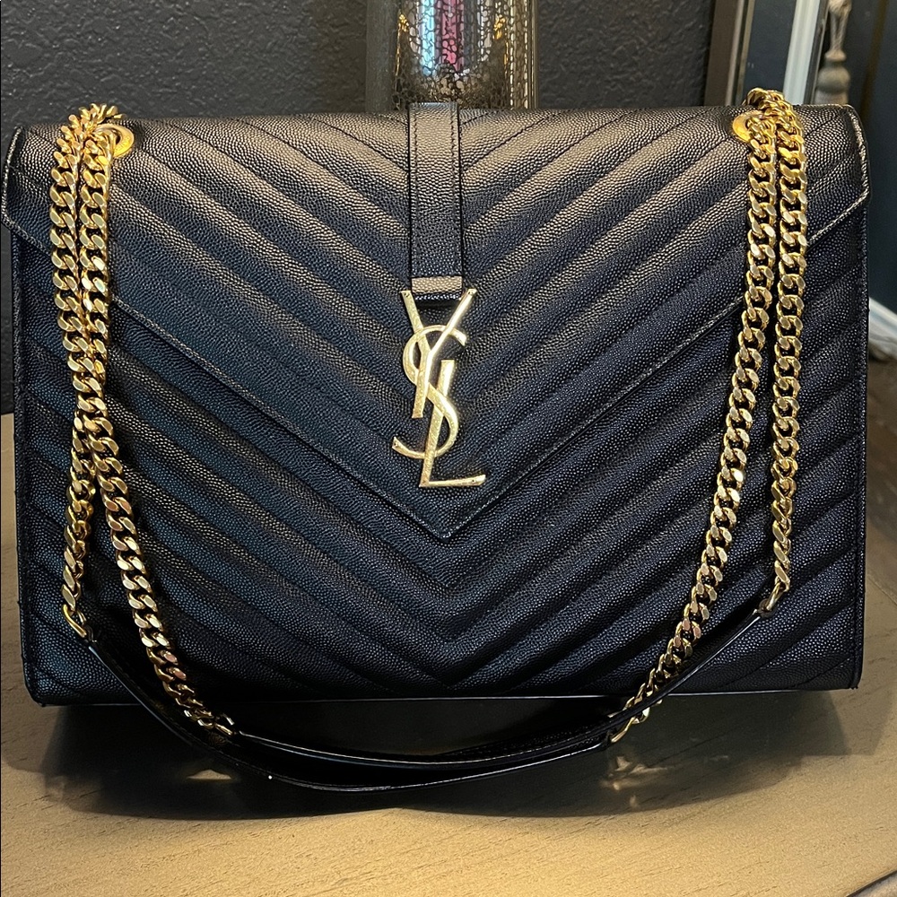 Yves Saint Laurent Black and Gold Chevron Quilted Large Shoulder Bag ❤️
